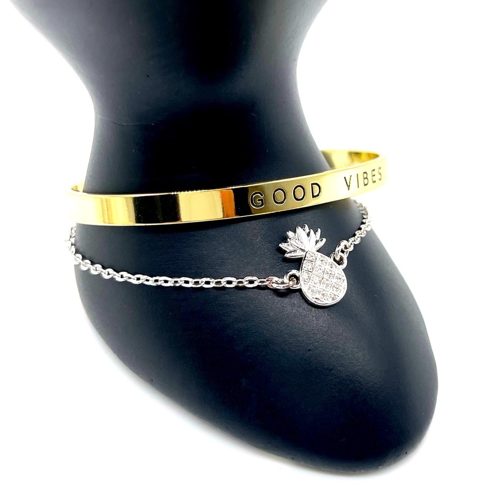 Gold and Silver 'Good Vibes' Cuff Bracelet Set